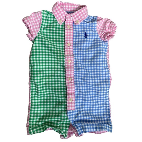Ralph Lauren Baby Boy Girl Gingham Romper One Piece Outfit Size 6M Multicolor - Picture 1 of 4
